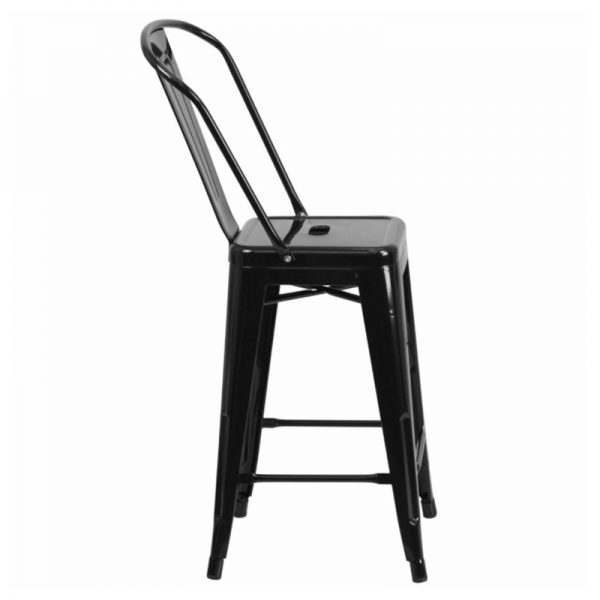 Metal Indoor / Outdoor Industrial Cafe Counter Height Barstool with Vertical Slat Back and Drain Hole Seat - Image 3